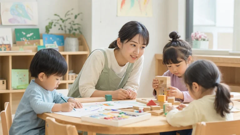保育園で子どもたちの遊びを見守る保育士