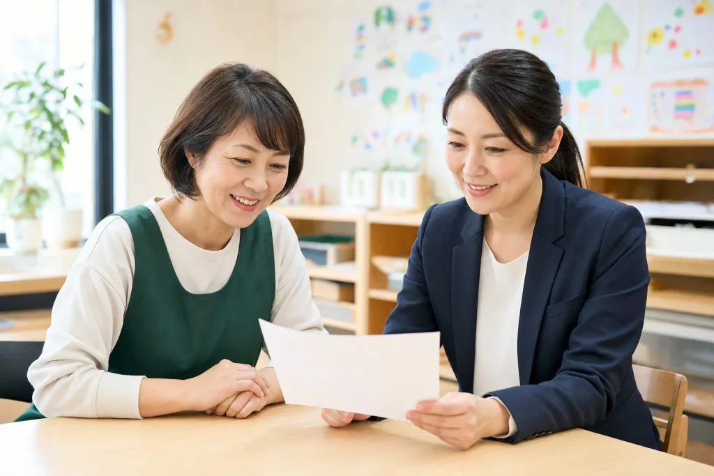 手数料について説明を受け、安心した表情を見せる保育園経営者