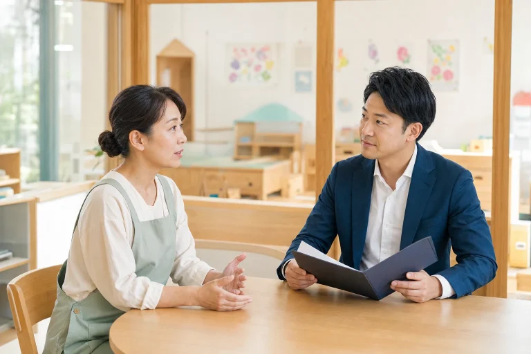 保育園の事業承継について相談する園長とM&Aアドバイザー